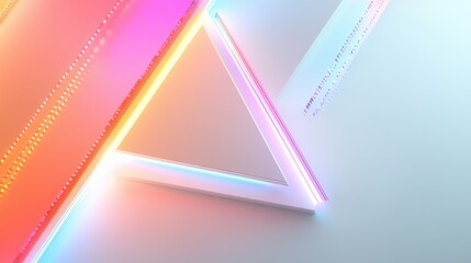 Poster - Minimalist Tech Background with Extruded Triangle and Rainbow Illuminated Edge. White Surface with Embossed 3D Shape. 3D Render. illustration
