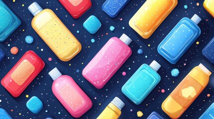 Poster - Colorful assortment of cosmetic bottles and containers arranged on a dark background with decorative elements