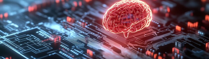Poster - Glowing Translucent Red Brain Hovers Above a Complex Circuit Board Symbolizing Artificial ligence Neural Networks Technology and Innovation Concept