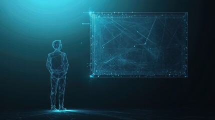 Poster - Glowing wireframe of a teacher standing in front of a digital screen, symbolizing education and technology integration illustration