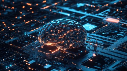 Poster - A futuristic depiction of a brain integrated with digital circuitry, symbolizing the intersection of technology and human intelligence.
