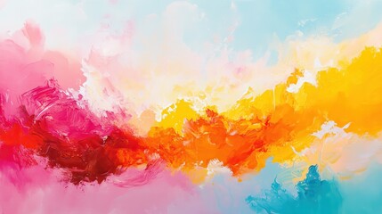 Poster - The image features an abstract splash of colors blending seamlessly from red and pink hues on the left to vibrant orange and yellow tones on the right, fading into light blue towards the bottom. illu