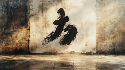 Poster - A minimalist mural features an abstract black symbol on a textured wall, creating a striking contrast with the warm-toned background and polished floor.