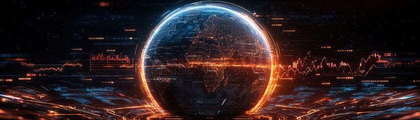 Aufkleber - Stylized Digital Rende of Earth Surrounded by Glowing Energy in an Abstract Background of Swirling Data Streams and Graphs Representing Technology