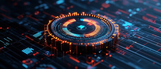 Aufkleber - Close-up view of a futuristic circular technological device with glowing orange and blue concentric s on a complex circuit board with intricate patterns