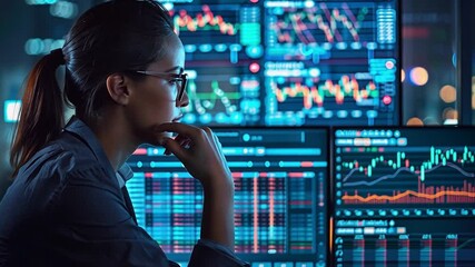 Poster - Data analyst reviews metrics and visualizations on large screens for business insights in modern office
