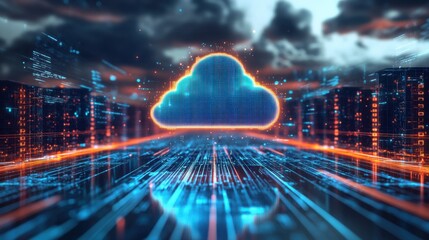 Poster - A vibrant digital landscape featuring a glowing cloud symbol, representing cloud computing, surrounded by data streams and abstract city structures.