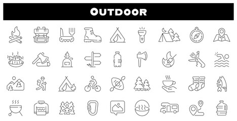 Poster - Outdoor line icon set. Outdoor vector icons. Camping, tools, adventure, trekking, outdoor related icons. Editable stroke
