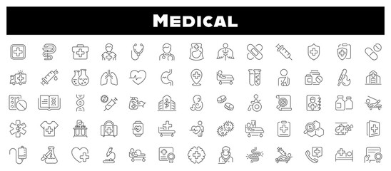 Poster - Medicine and Health icons. Collection health care medical signs and symbols. Medical, medicine, health care, hospital thin line icon collection. Editable stroke