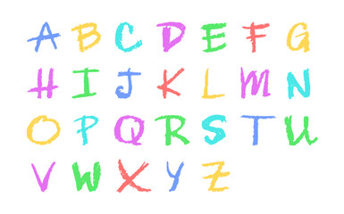 Poster - English alphabet hand-drawn in a crayon. Capital colorful letters in chalk, pastel, or wax style. Highlighter effect on white board for kindergarten drawing and learning. Cartoon vector illustration.