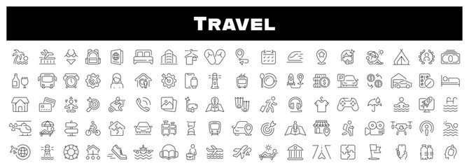Poster - Travel icon set. Travel line icons collection. Summer vacations and holiday symbols. Traveling and tourism elements.