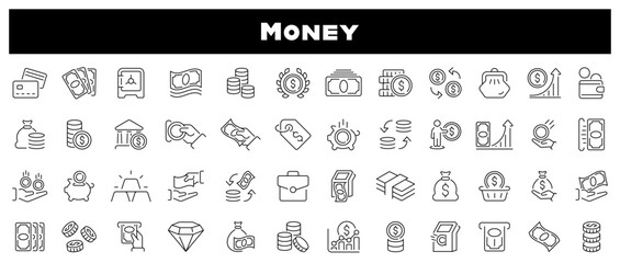 Poster - Money Related vector icons. Simple Set of finance line icons. money, finance, wallet, ATM, Coin, Banking related thin line icon collection. Editable stroke