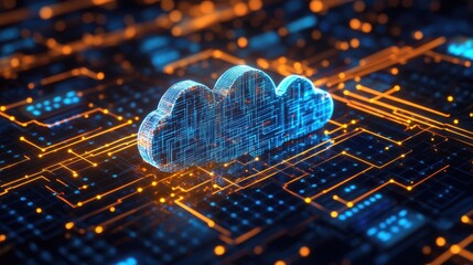 Poster - A digital cloud icon sits prominently on a network of interconnected circuits, symbolizing cloud computing technology and data connectivity.