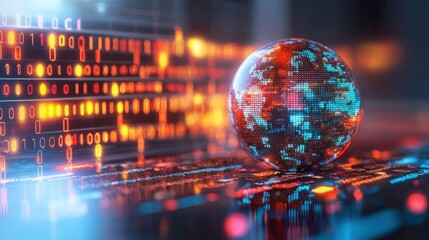 Poster - Computer screen displaying a 3d globe illustration with global data visualization and digital connectivity concepts
