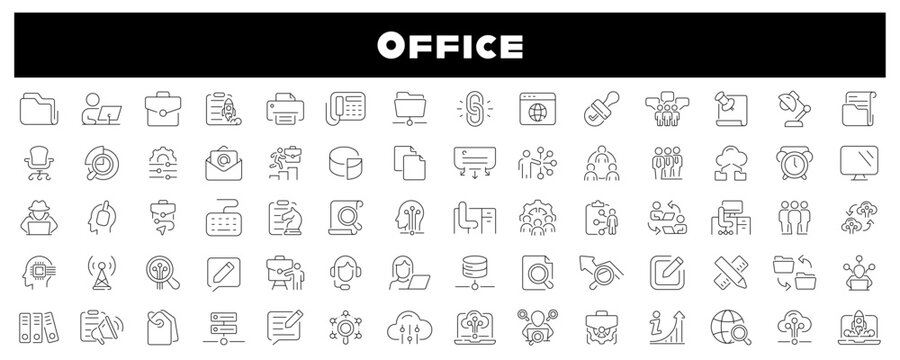 Office vector icons in line style. Office icon set. Desk, computer, meeting, employee, schedule and co-worker, workplace, workspace, office related thin line icon collection. Editable stroke