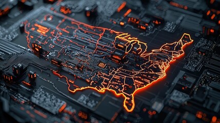 Poster - circuit board with united states map illustrating accelerator and incubator zones for technology dev