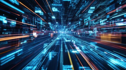 Poster - A vibrant, futuristic depiction of data flow and digital movement, showcasing bright lines and abstract elements amidst a dark background.