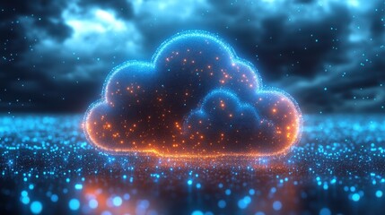 Poster - A glowing digital cloud with shimmering particles against a dark, cloudy background, symbolizing technology and data storage.
