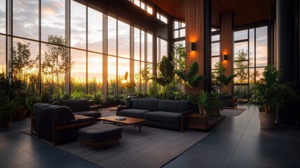 Poster - A modern spacious lounge interior showcasing dark gray sofas and armchairs around a low coffee table in an inviting and stylish open space design