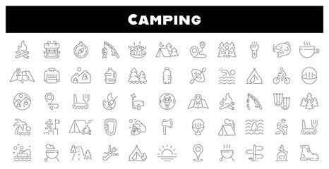 Poster - Camping vector icons. Camping icon set. Holiday, vacation, hiking, fishing, travel, camping related icons. Thin line editable stroke