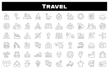 Poster - Travel vector icons. Travel icon set. Holiday, vacation, plane, passport, hotel, palm tree, travel, beach, travel related icons. Thin line editable stroke