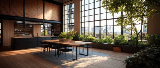 Poster - Modern open-plan kitchen and dining area with floor-to-ceiling showcasing cityscape views and lush greenery, featu wooden dining table chairs