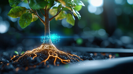 Poster - tree with mechanical roots and glowing circuits symbolizes fusion of nature and technology, set against blurred background. scene evokes innovation and futuristic harmony