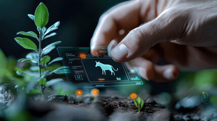 Fototapete - hand interacts with glowing digital interface displaying animal data in futuristic setting, surrounded by small plants and soil, suggesting advanced technology in nature