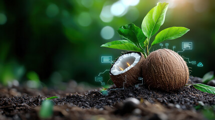 Poster - coconut with glowing tech implants and circuits is set against lush green background, symbolizing fusion of nature and technology. scene is vibrant and futuristic