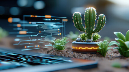 Leinwandbilder - high tech cactus glows in futuristic desert environment, surrounded by digital interfaces and small plants. scene blends nature with technology, creating unique and innovative atmosphere