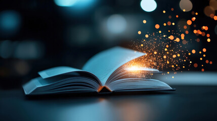 Aufkleber - open book emits glowing sparks in dimly lit setting, creating magical and enchanting atmosphere. scene suggests sense of wonder and discovery, inviting exploration
