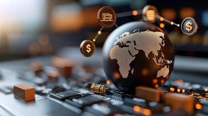 Poster - digital globe with connected trade routes and currency symbols represents global commerce and technology. image highlights international trade and financial networks