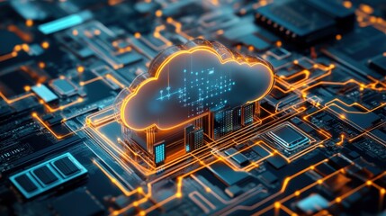 Poster - A futuristic representation of a cloud computing concept, featuring digital circuits and glowing elements, symbolizing technology and data management.
