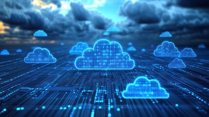 Poster - A digital representation of clouds connected by data streams, symbolizing cloud computing and technology in a futuristic environment.