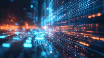 Poster - A vibrant digital landscape showcasing streams of blue and orange light, representing data flow and technology.