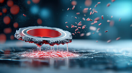 Aufkleber - futuristic digital lock appears broken, with red particles and glowing elements symbolizing data breach. scene is set in high tech, abstract environment, evoking sense of vulnerability