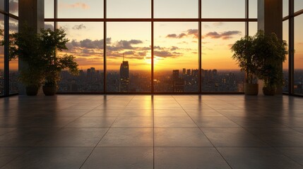 Poster - Spacious modern room featu floor-to-ceiling with stunning sunset view over a vibrant cityscape along with two lush potted plants indoors