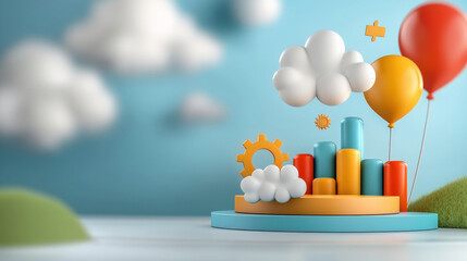 Poster - colorful 3D digital scene features playful clouds, balloons, and cylindrical shapes on platform, evoking whimsical and imaginative atmosphere