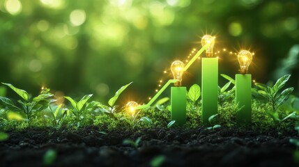 Poster - A vibrant scene depicting growth, featuring green plants and light bulbs representing innovation and sustainability in a natural environment.
