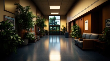 Poster - Long dimly lit hallway featu dark blue floo, potted plants, comfortable seating areas, and large showcasing beautiful greenery outside