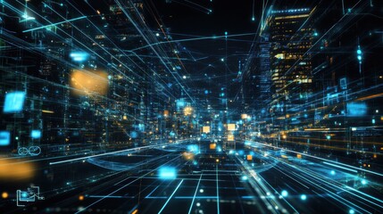 Poster - A vibrant digital landscape featuring interconnected lines and glowing elements, representing advanced technology and data flow in a futuristic city.