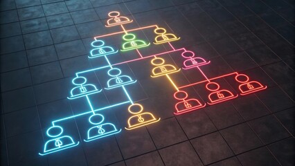 Aufkleber - A digital illustration of a hierarchical organizational chart with stylized figures on a tiled floor, highlighting different roles in a network.