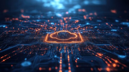 Poster - A digital illustration showcasing a cloud symbol amidst a network of interconnected circuits and glowing data points, representing cloud computing technology.