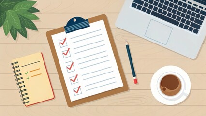 Poster - A workspace featuring a checklist, notebook, pen, coffee cup, and laptop, creating an organized and productive atmosphere.