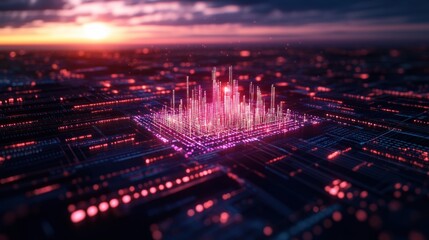 Poster - A futuristic cityscape emerging from a microchip du a vibrant sunset, symbolizing the integration of technology and urban architecture in harmony