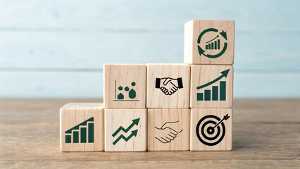 Poster - Blocks with business icons arranged in a pyramid symbolize growth and collaboration in a professional setting.