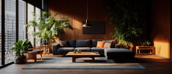 Poster - Sun-drenched modern living room with dark wood walls, large sectional sofa, potted plants, and floor-to-ceiling overlooking city skyline