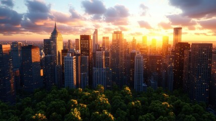 Poster - Aerial view of a stunning modern city skyline bathed in sunset hues with skyscrapers illuminated and a vibrant green landscape in the foreground scene