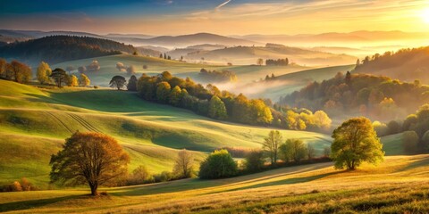  Golden Hour Serenity Rolling Hills, Autumnal Trees, and a Misty Sunrise Bathed in Warm Light
