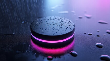 Poster - a sleek, circular device illuminated with pink light, resting on a wet surface, showcasing droplets 